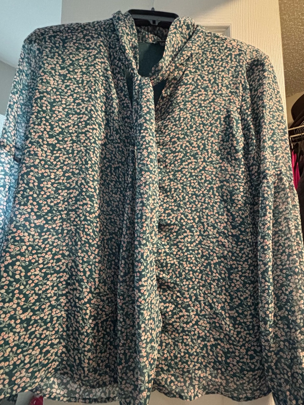 LOFT Teal Floral Button-Front Blouse with Pink Accents - Picture 4 of 5